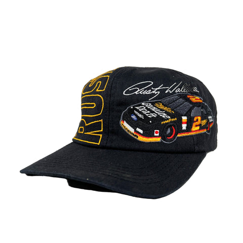 Black cap with race car design and text on a white background