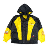 Black and yellow jacket with various logos on a white background