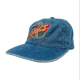 Blue denim cap with embroidered logo on a white background