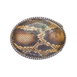 An oval silver-toned belt buckle featuring a snakeskin pattern with brown, black, and gold tones, set against a plain white background.