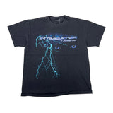 A black vintage Snap-on t-shirt featuring a graphic of a lightning bolt forming a face with blue eyes and the text 'INTIMIDATER by Snap-on' across the chest, laid flat on a white surface.