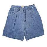 Blue denim shorts on a white background