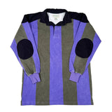 Long-sleeve rugby shirt with purple and gray vertical stripes on a white background