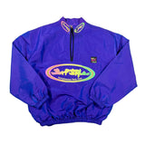 A purple half-zip windbreaker jacket with a colorful holographic graphic on the chest reading 'Incomprehensible Body Soul' and 'Wicked Soul' printed inside the collar, laid flat on a white background.