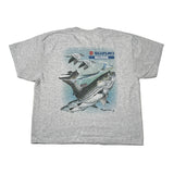 A heather gray short-sleeve t-shirt laid flat on a white background, featuring a large graphic print of a bass fish, a bird, and the Suzuki Marine logo on the back.