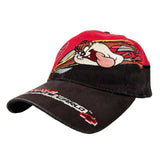 Baseball cap with cartoon character design on a white background