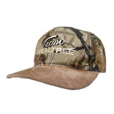 Camouflage cap with brown brim on a white background