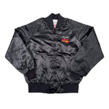 Black satin jacket with logos on a white background