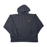 black gray pullover hoodie with a small embroidered logo on the left chest, laid flat on a white background.