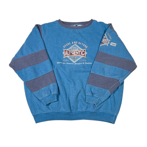 Blue sweatshirt with gray stripes and branding on a white background