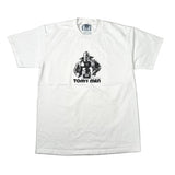 A white short-sleeve crewneck t-shirt featuring a black graphic of a muscular man in a tank top with the text 'TOM'S MEN' underneath, laid flat on a light gray background.
