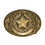 Gold belt buckle with star design and 'The State of Texas' text on a white background