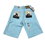 Light blue shorts with tags on a white background