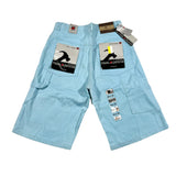 Light blue shorts with tags on a white background