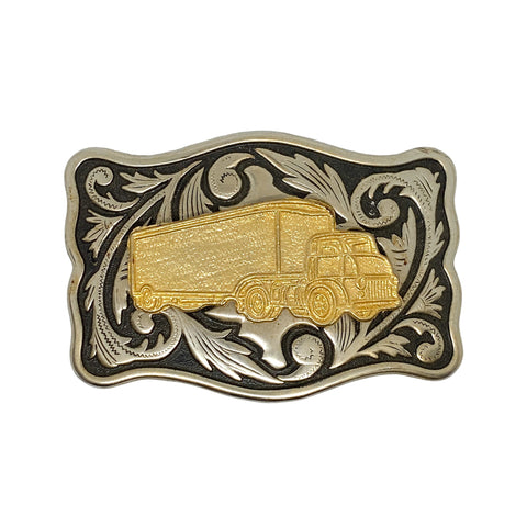 Belt buckle with gold truck design on a decorative black and gold border