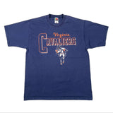 A vintage navy blue short-sleeve t-shirt featuring the Virginia Cavaliers logo on the front, laid flat on a white background.