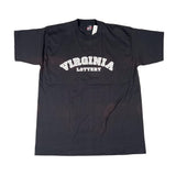 Black t-shirt with 'Virginia Lottery' text on a white background
