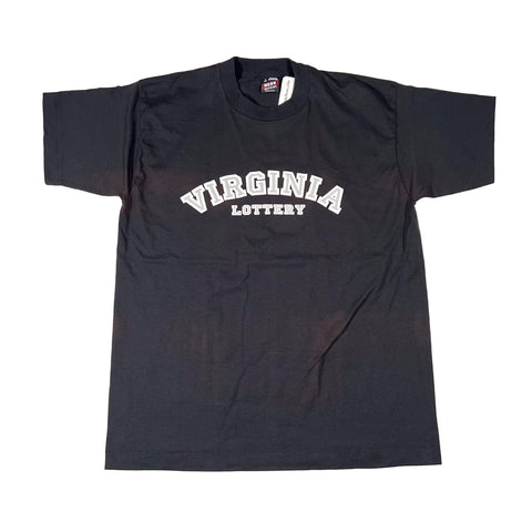 Black t-shirt with 'Virginia Lottery' text on a white background