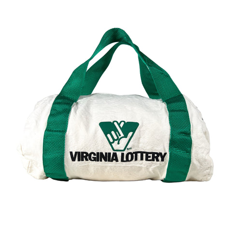 White duffel bag with green straps and Virginia Lottery logo on a gray background