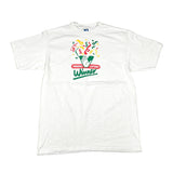 White t-shirt with colorful graphic and text on a white background