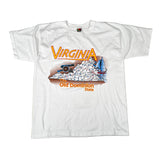 White t-shirt with 'Virginia' graphic design on a white background