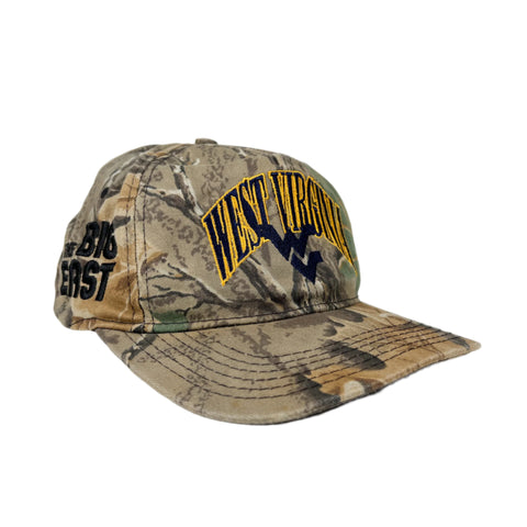 Camouflage baseball cap with 'West Virginia' and 'Big East' text on a white background