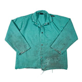Teal denim shirt with visible wear on a white background