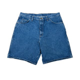 A pair of classic blue denim shorts laid flat on a white background.