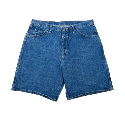 A pair of classic blue denim shorts laid flat on a white background.