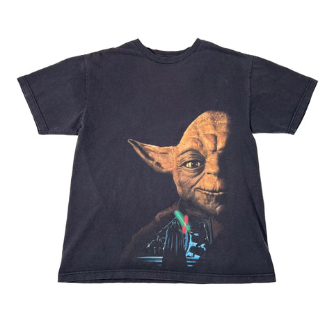 Black t-shirt with Yoda graphic on a white background