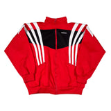 Red Adidas tracksuit jacket with white stripes on a white background