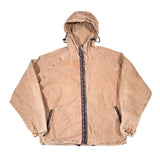 Beige hooded jacket with a purple zipper on a white background