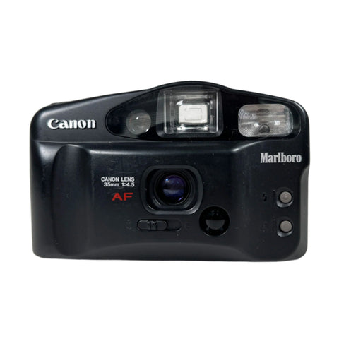 Black Canon camera with Marlboro branding on a white background