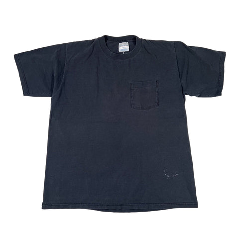 Black t-shirt with a pocket on a white background