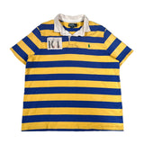 Blue and yellow striped polo shirt with Ralph Lauren logo on a white background