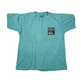 A vintage Quik Silver short-sleeve t-shirt in a heathered teal color, laid flat on a white background. The shirt features a black and white graphic logo on the left chest.