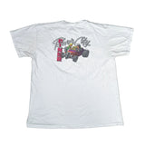 A white short-sleeve t-shirt laid flat on a white fabric background, featuring a graphic print on the back with the words 'Power City' in gray script and a red and gray hot rod car.