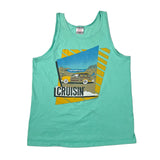 A mint green tank top featuring a vintage-style graphic print with a yellow and brown station wagon, blue sky, and the word 'CRUISIN'' in black block letters, laid flat on a white background.