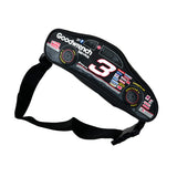 Black waist bag with racing theme and visible branding on a white background