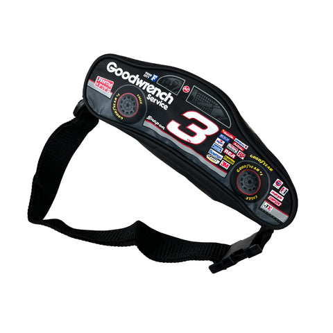 Black waist bag with racing theme and visible branding on a white background
