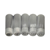 Five metallic cylindrical components with ribbed bodies and flat circular ends, arranged side by side on a white textured background.