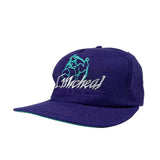 Purple cap with green and white logo on a white background