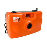 Orange disposable camera with 'Big Lots' branding on a white background