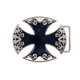 A gothic-style cross belt buckle featuring a black enamel center with silver-toned filigree borders and a matching silver buckle, shown on a white textured background.