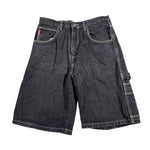 Pair of dark blue denim shorts on a white background