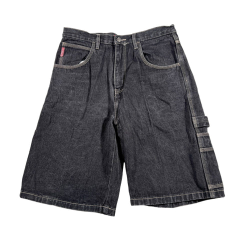 Pair of dark blue denim shorts on a white background