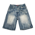 Pair of blue denim shorts on a white background