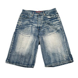 Pair of blue denim shorts on a white background