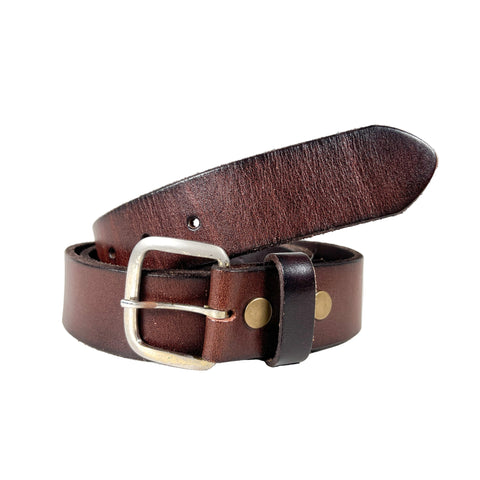 Brown leather belt with brass buckle on a white background