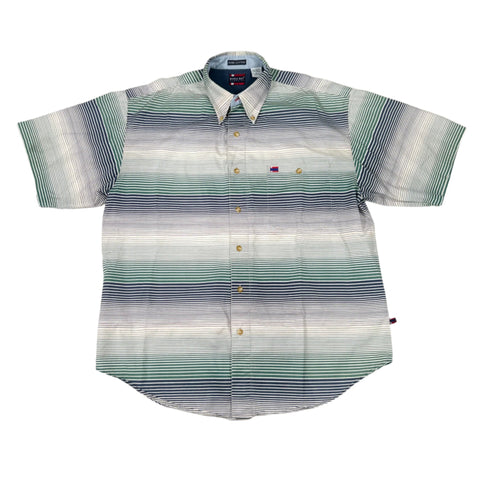 Vintage Y2K Bugle Boy Green & Navy Striped Cotton Button Down Shirt
